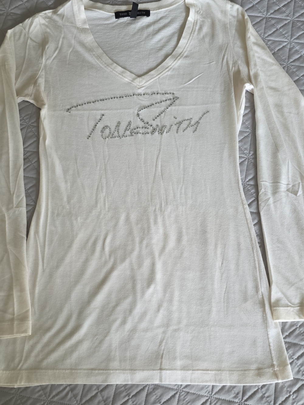 Todd Smith Cream V-Neck Long Sleeve Tee with Crystal Signature